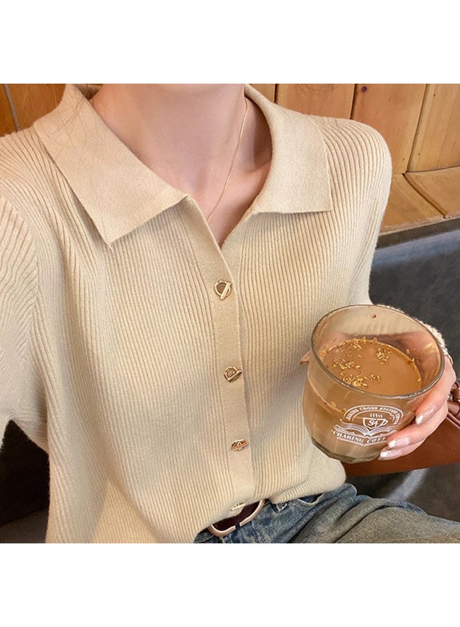 Modal Designer-Inspired Small Brand Lapel Metal Button Knit Long-Sleeve Spring/Autumn Stylish Solid Color Top Base Layer Sweater - Image 2