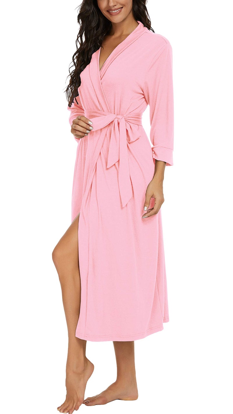 VINTATRE VINTATRE Women Kimono Robes Long Knit Bathrobe Lightweight Soft Knit Sleepwear V-neck Casual Ladies Loungewear Pink-Medium  - Image 4