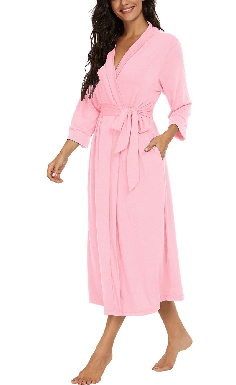 VINTATRE VINTATRE Women Kimono Robes Long Knit Bathrobe Lightweight Soft Knit Sleepwear V-neck Casual Ladies Loungewear Pink-Medium  - Image 2