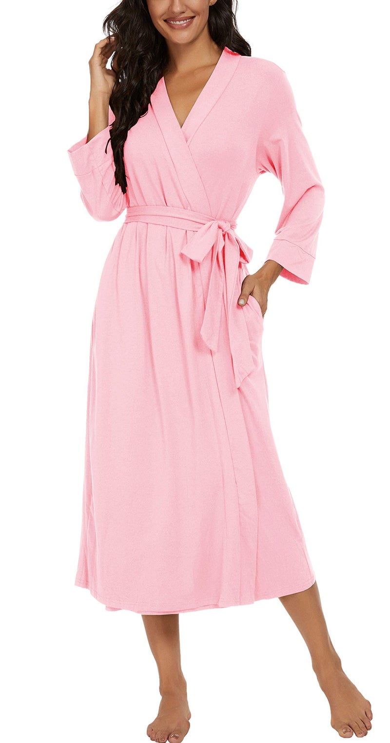 VINTATRE VINTATRE Women Kimono Robes Long Knit Bathrobe Lightweight Soft Knit Sleepwear V-neck Casual Ladies Loungewear Pink-Medium  - Image 3