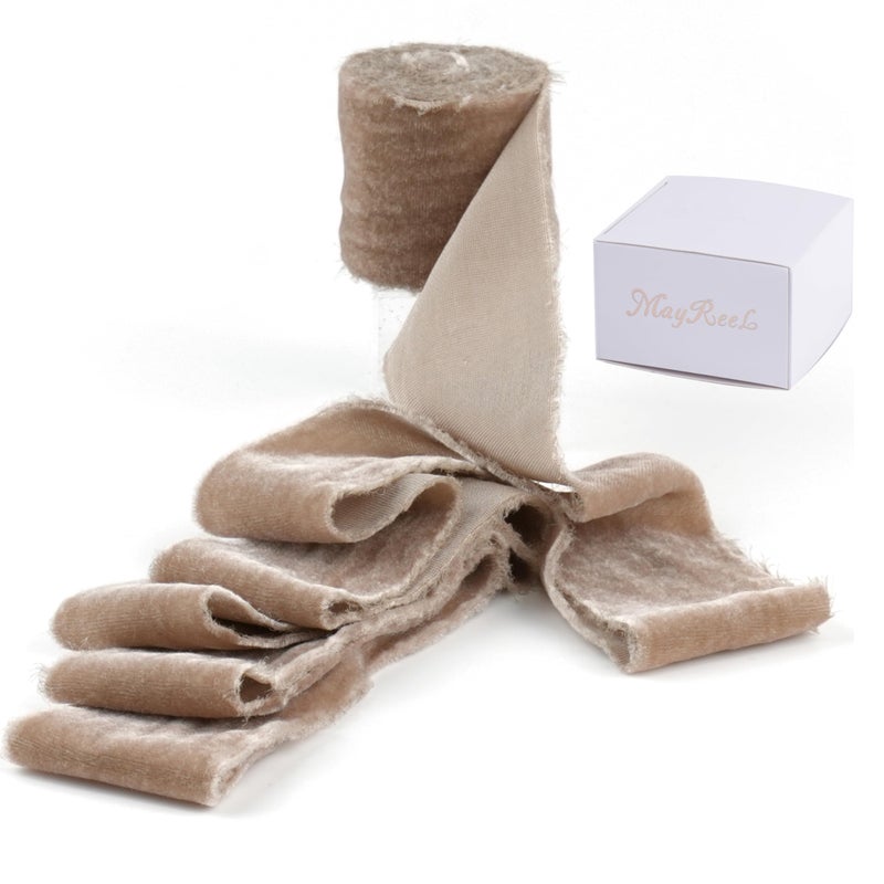 MAYREEL 2 Inch Camel Velvet Ribbon Hand Torn Tawny Silk Frayed Edge for Bridal Bouquets Invitations Wedding Vow Books Gift Baskets Hair Bows 3 Yards