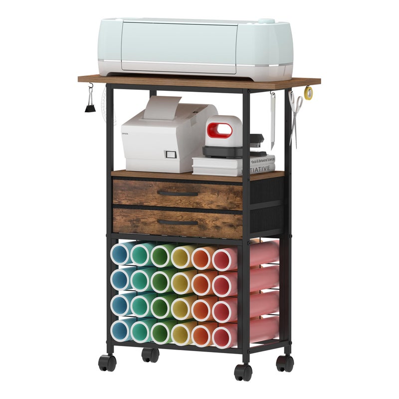 VENNQD Organizer and Storage Stand Compatible with Cricut Machines,Rolling Storage Cart/Shelf with 24 Vinyl Roll Holdersï¼Œ2 Fabric Drawer,Accessories Holder,Tool Hook for Craft Room Home (Rustic Brown) - Image 1