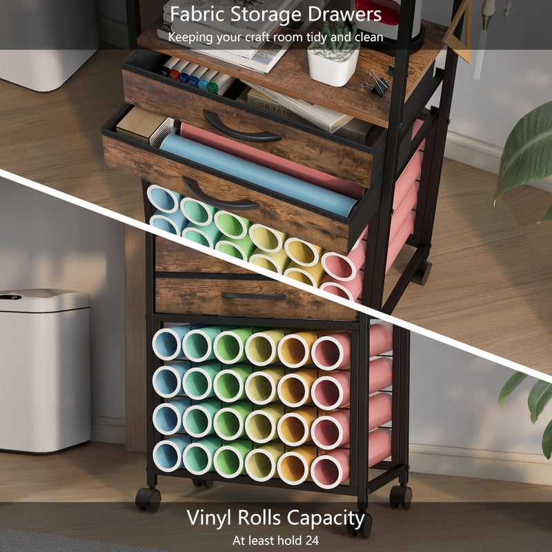 VENNQD Organizer and Storage Stand Compatible with Cricut Machines,Rolling Storage Cart/Shelf with 24 Vinyl Roll Holdersï¼Œ2 Fabric Drawer,Accessories Holder,Tool Hook for Craft Room Home (Rustic Brown) - Image 3