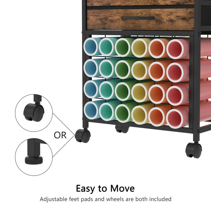 VENNQD Organizer and Storage Stand Compatible with Cricut Machines,Rolling Storage Cart/Shelf with 24 Vinyl Roll Holdersï¼Œ2 Fabric Drawer,Accessories Holder,Tool Hook for Craft Room Home (Rustic Brown) - Image 5