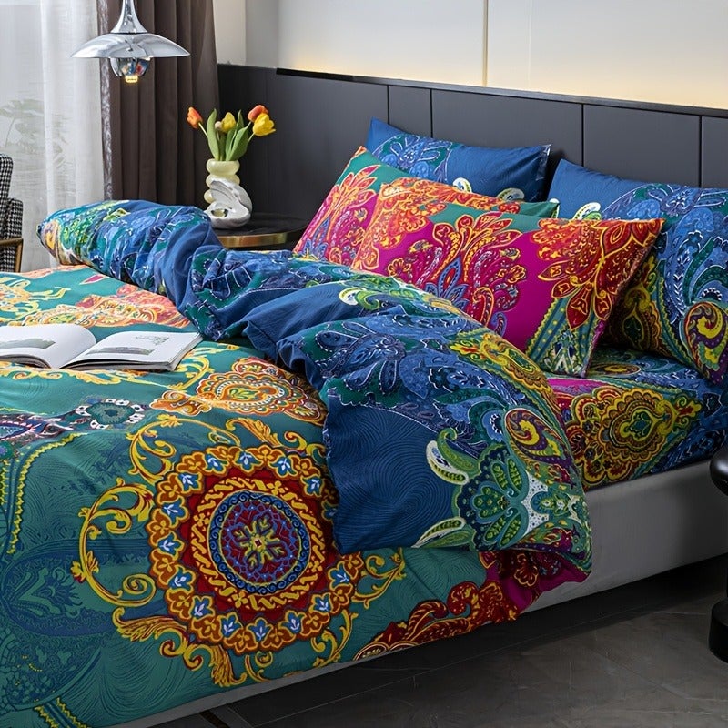 Bohemian Style 3pcs Duvet Cover Set - Breathable and Soft Polyester Material with Zipper Closure - Includes 1 Duvet Cover and 2 Randomly Cut Pillowcases (Patterns May Vary), Filler Not Included - Image 3