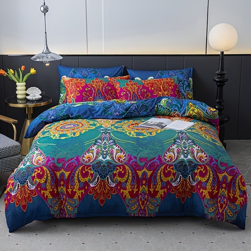 Bohemian Style 3pcs Duvet Cover Set - Breathable and Soft Polyester Material with Zipper Closure - Includes 1 Duvet Cover and 2 Randomly Cut Pillowcases (Patterns May Vary), Filler Not Included - Image 5