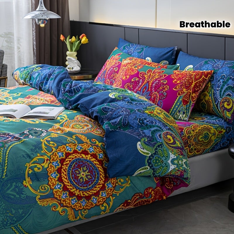 Bohemian Style 3pcs Duvet Cover Set - Breathable and Soft Polyester Material with Zipper Closure - Includes 1 Duvet Cover and 2 Randomly Cut Pillowcases (Patterns May Vary), Filler Not Included - Image 2