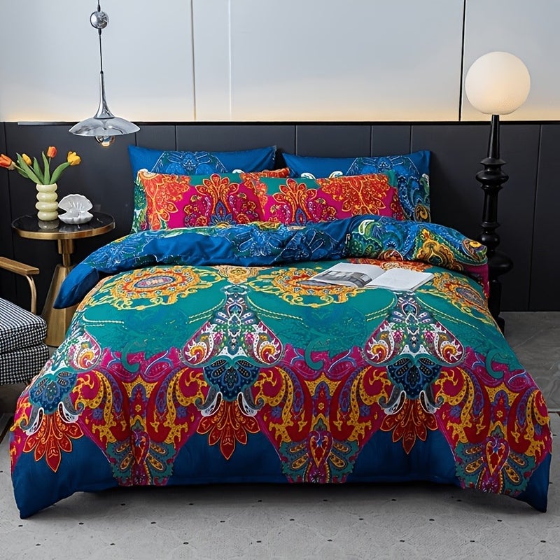 Bohemian Style 3pcs Duvet Cover Set - Breathable and Soft Polyester Material with Zipper Closure - Includes 1 Duvet Cover and 2 Randomly Cut Pillowcases (Patterns May Vary), Filler Not Included - Image 1