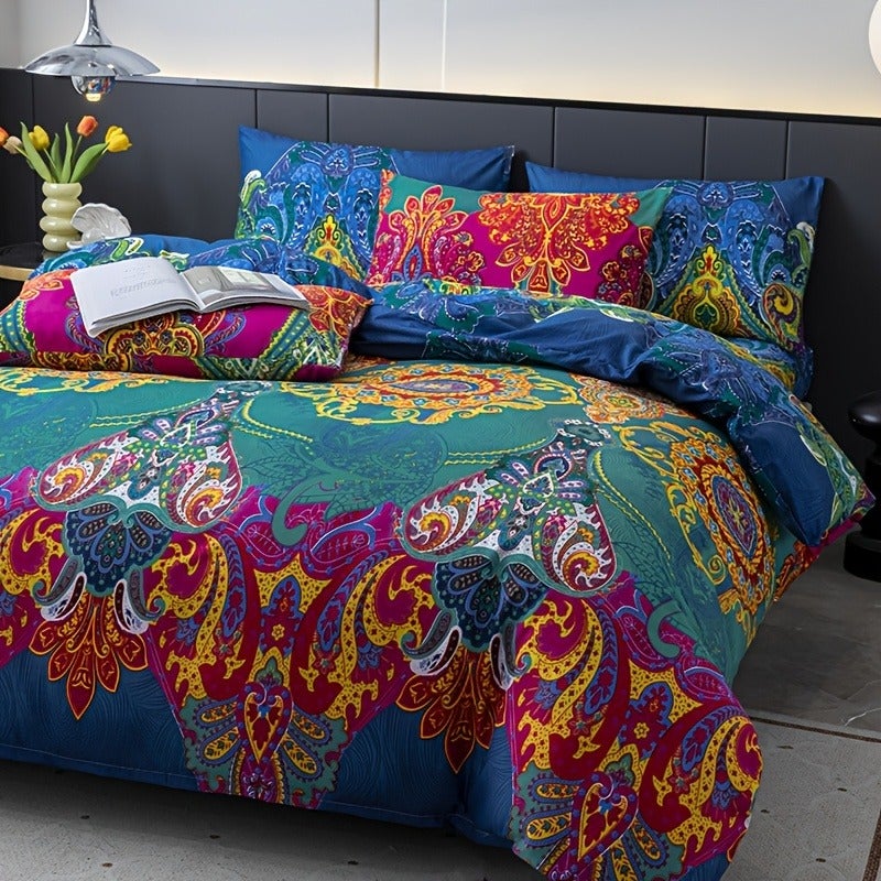 Bohemian Style 3pcs Duvet Cover Set - Breathable and Soft Polyester Material with Zipper Closure - Includes 1 Duvet Cover and 2 Randomly Cut Pillowcases (Patterns May Vary), Filler Not Included - Image 4