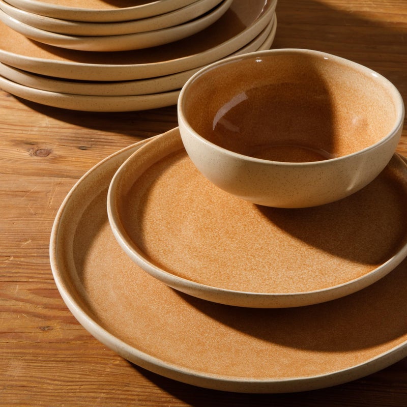 Gibson Elite Manila Bay 12-Piece Stoneware Dinnerware Set, Service for 4, Reactive Glaze Modern Artisan Plates, Bowls & Mugs, Orange, Round Design - Image 4
