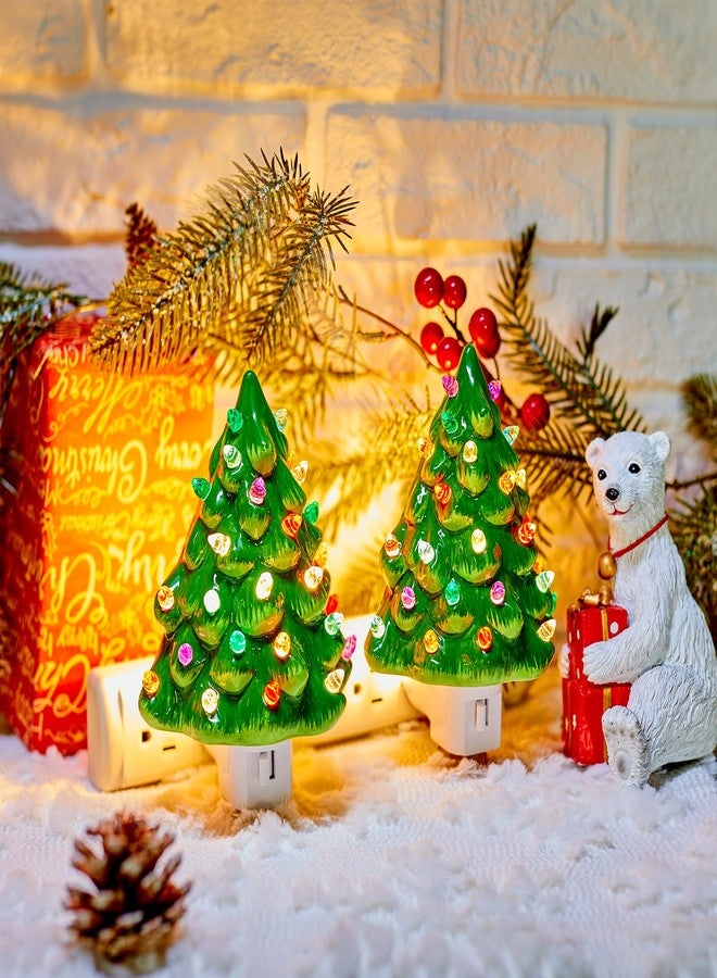 Brightown Ceramic Christmas Tree Night Light - 2 Pack 6" Christmas Decorative Ceramic Tree with ON/Off Switch, Vintage Christmas Night Light for Bedroom Bathroom Porch Holiday Decor - Image 3