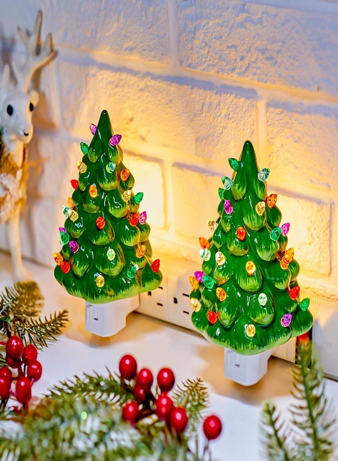 Brightown Ceramic Christmas Tree Night Light - 2 Pack 6" Christmas Decorative Ceramic Tree with ON/Off Switch, Vintage Christmas Night Light for Bedroom Bathroom Porch Holiday Decor - Image 1
