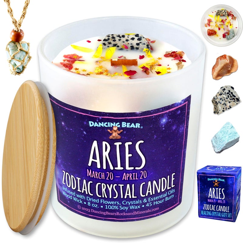 DANCING BEAR Aries Zodiac Candle Gift Box Set with 3 Healing Crystals  Stone Holder Necklace 100 Soy Scented Wax Crackling Wood Wick 45 Hour Burn Time