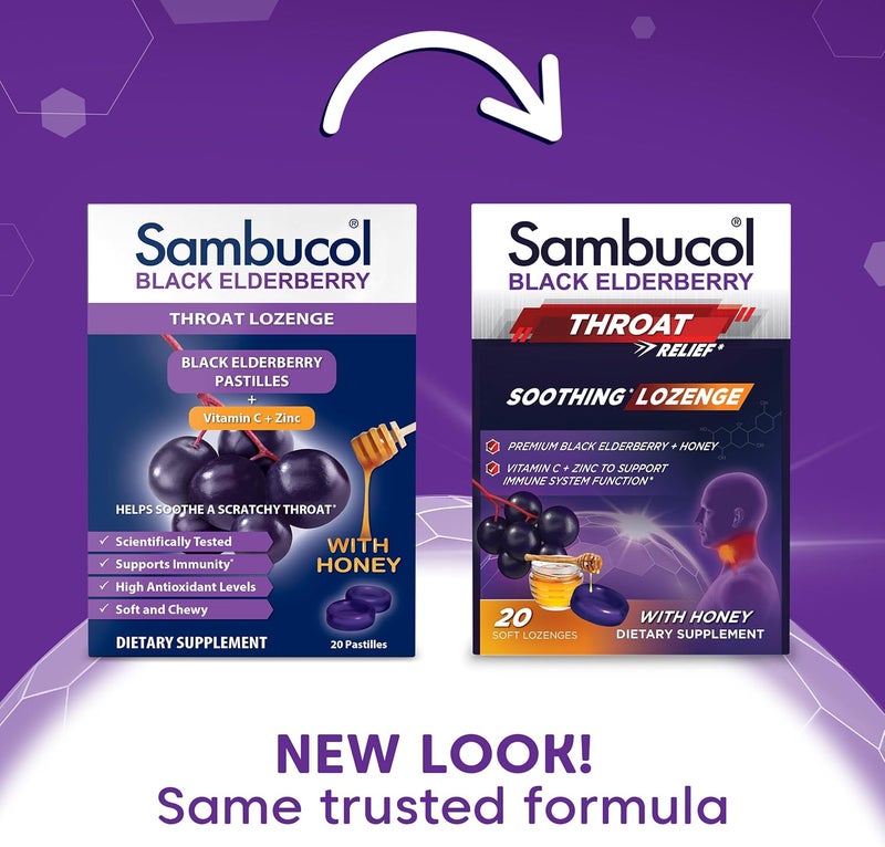 Sambucol Black Elderberry Throat Lozenge with Honey Vitamin C Zinc Elderberry Lozenges Sore Throat Cough Soothes Scratchy Throat Supports Immunity Soft Chewy 20 Count 2Pack - Image 2