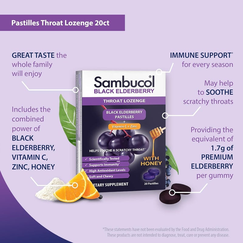 Sambucol Black Elderberry Throat Lozenge with Honey Vitamin C Zinc Elderberry Lozenges Sore Throat Cough Soothes Scratchy Throat Supports Immunity Soft Chewy 20 Count 2Pack - Image 4
