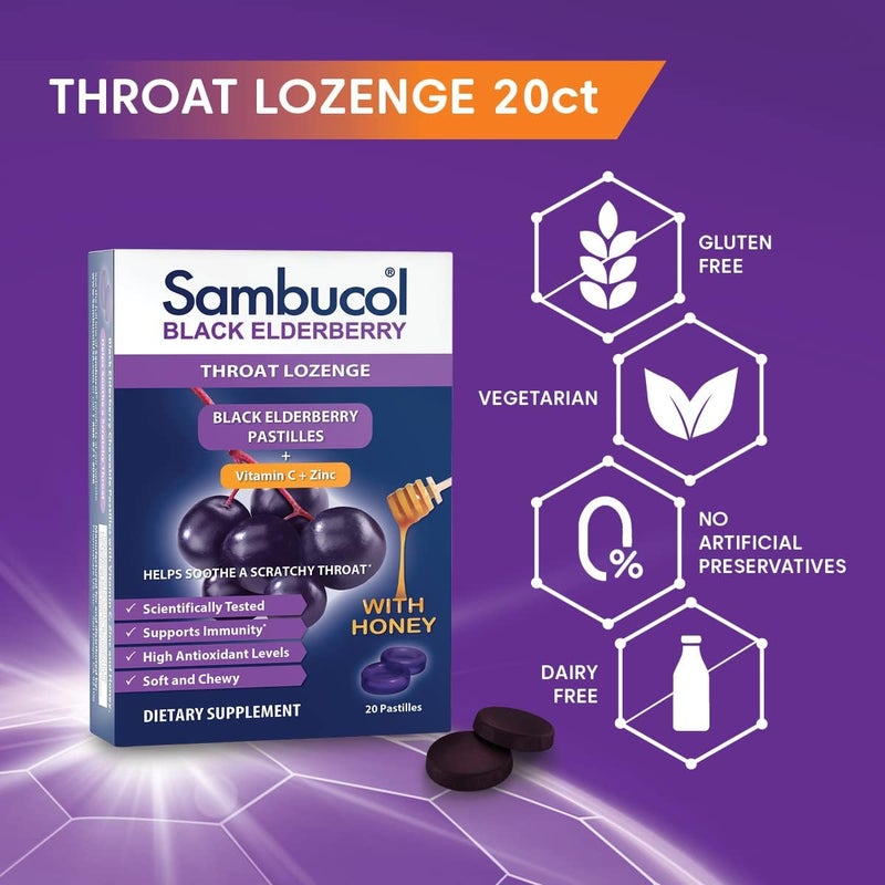 Sambucol Black Elderberry Throat Lozenge with Honey Vitamin C Zinc Elderberry Lozenges Sore Throat Cough Soothes Scratchy Throat Supports Immunity Soft Chewy 20 Count 2Pack - Image 3