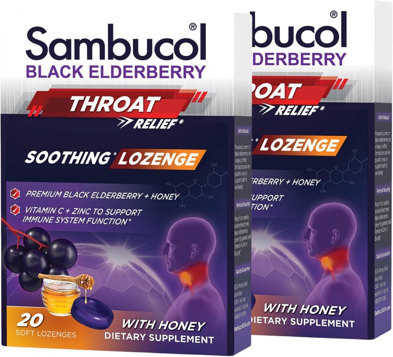 Sambucol Black Elderberry Throat Lozenge with Honey Vitamin C Zinc Elderberry Lozenges Sore Throat Cough Soothes Scratchy Throat Supports Immunity Soft Chewy 20 Count 2Pack - Image 1