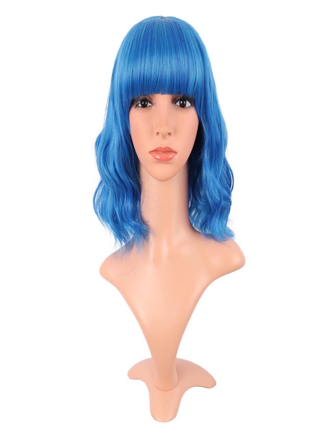 MapofBeauty 14 Inch/35 cm Short Wavy Curly Women Fresh Bright Synthetic Ordinary Flat Bangs Bob Wig (Mixed Vivid Blue) - Image 1