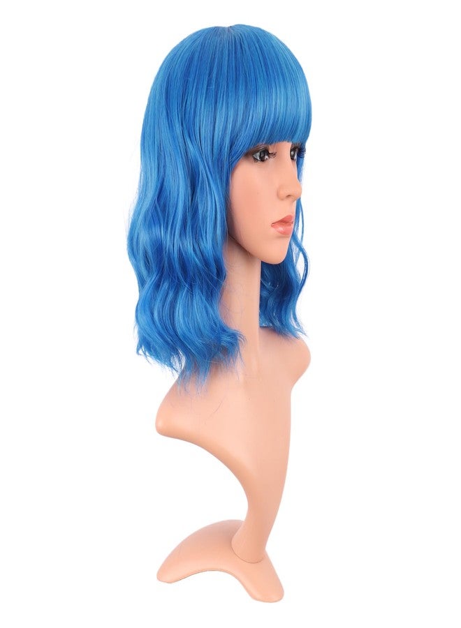 MapofBeauty 14 Inch/35 cm Short Wavy Curly Women Fresh Bright Synthetic Ordinary Flat Bangs Bob Wig (Mixed Vivid Blue) - Image 2