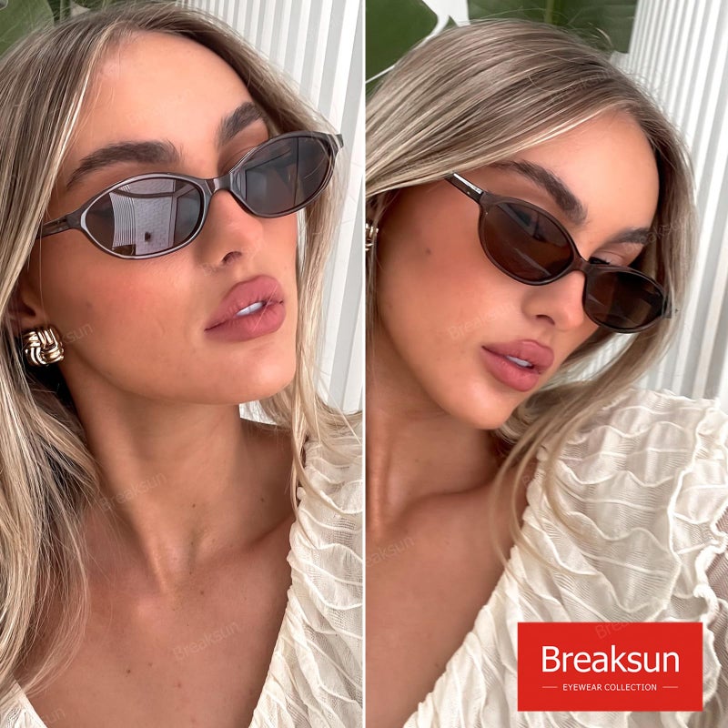 Breaksun Retro Oval Sunglasses for Women Trendy Oval Narrow Cat Eye Sunnies 90s Vintage Shades (Brown/Brown) - Image 2