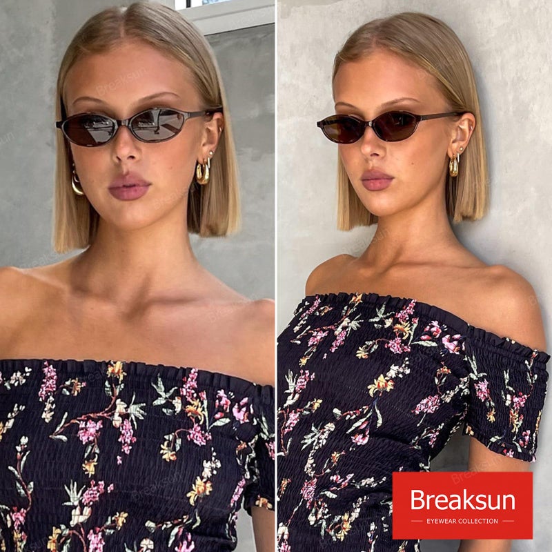 Breaksun Retro Oval Sunglasses for Women Trendy Oval Narrow Cat Eye Sunnies 90s Vintage Shades (Brown/Brown) - Image 3