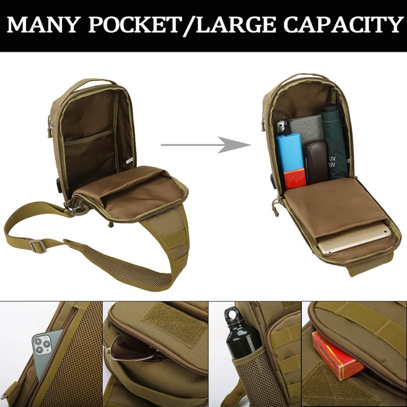 Valinov Tactical Shoulder Bag,Molle Shoulder Backpacks,Military Sling Daypack Backpack with USB Charging port (1 Pack Black) - Image 4