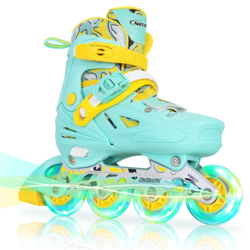 Nattork Inline Skates for Girls and Boys Kids 4 Sizes Adjustable Inline Skates with Light up Wheels Illuminating Beginner Roller Skates for Kids Adult Youth Teal Age 1012 Size 5 6 7 8