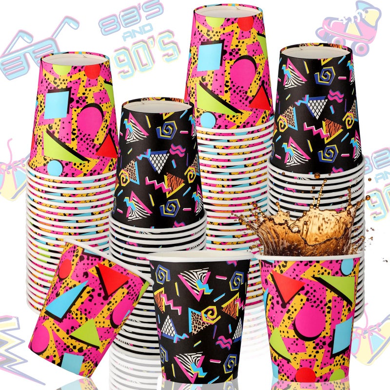 Yoande 100 Pcs Retro 80s 90s Disposable Paper Cups 9 oz Disco 80s Party Supplies Decor Paper Cups for Adults Kids Cold Hot Drinking Coffee Juice 90s Retro Music Party Favors, 2 Designs - Image 1