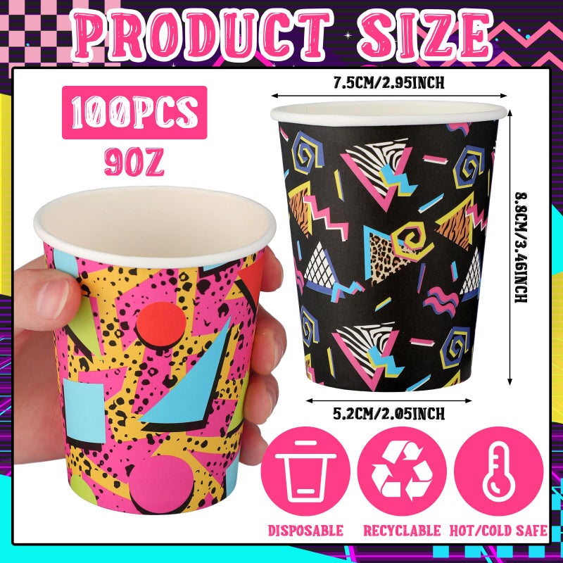 Yoande 100 Pcs Retro 80s 90s Disposable Paper Cups 9 oz Disco 80s Party Supplies Decor Paper Cups for Adults Kids Cold Hot Drinking Coffee Juice 90s Retro Music Party Favors, 2 Designs - Image 2