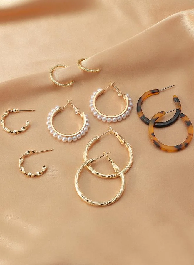 Take Two Set of 5 - Faux Pearl Leopard Print Hoop Earring