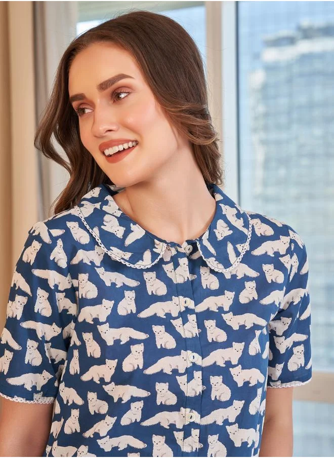 سانسكريتي هومز Sanskrutihomes Printed Collared Buttoned Shirt and Pyjama Set