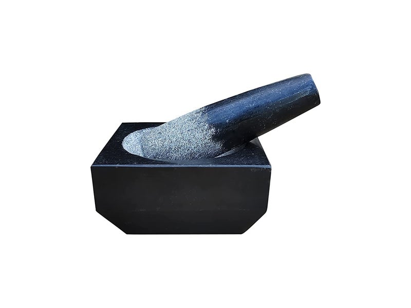 AZKAR Stone Mortar and Pestle Set for Spices Square Okhli Khalbatta Stone Mixer Natural Traditional Grinder Well Design for Kitchen Home Herbs Large Size 6 in Black
