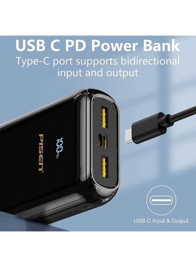 PISEN 20000mAh Portable Power Bank , 22.5W Fast Charging, USB-A & USB-C, LED Display, Multi-Device Charging, PD3.0/QC3.0/FCP/AFC Compatible – Black - Image 4