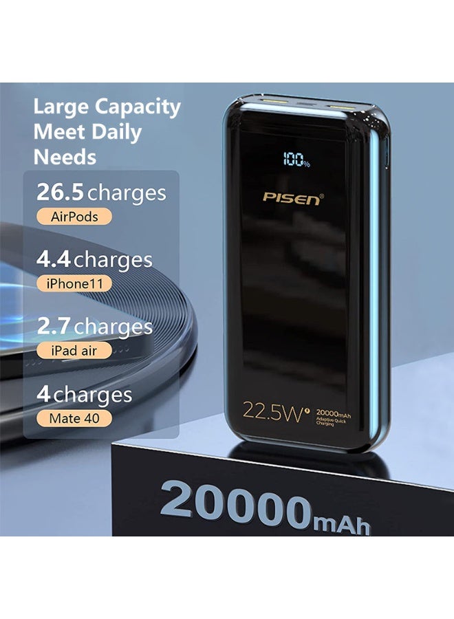 PISEN 20000mAh Portable Power Bank , 22.5W Fast Charging, USB-A & USB-C, LED Display, Multi-Device Charging, PD3.0/QC3.0/FCP/AFC Compatible – Black - Image 3