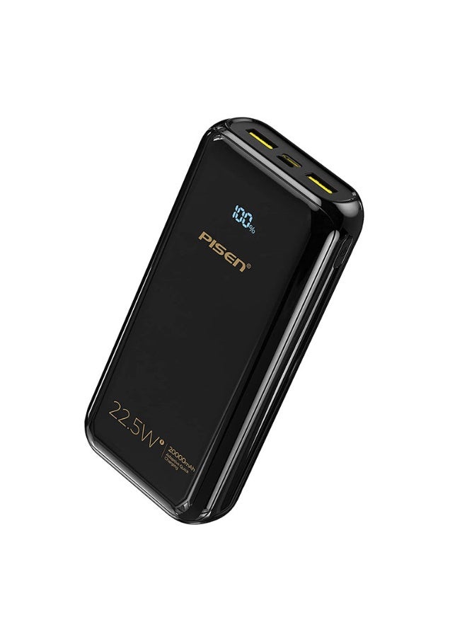 PISEN 20000mAh Portable Power Bank , 22.5W Fast Charging, USB-A & USB-C, LED Display, Multi-Device Charging, PD3.0/QC3.0/FCP/AFC Compatible – Black - Image 1