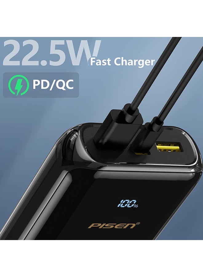 PISEN 20000mAh Portable Power Bank , 22.5W Fast Charging, USB-A & USB-C, LED Display, Multi-Device Charging, PD3.0/QC3.0/FCP/AFC Compatible – Black - Image 2