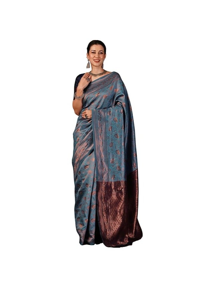 مملكة الإكسسوارات ساري كانجيفارام الناعم من قماش جاكار باناراسي النسائي مع قطعة بلوزة غير مخيطة - Image 1