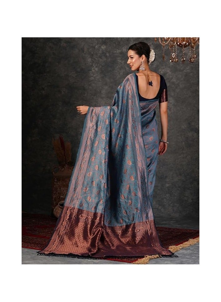 مملكة الإكسسوارات ساري كانجيفارام الناعم من قماش جاكار باناراسي النسائي مع قطعة بلوزة غير مخيطة - Image 2