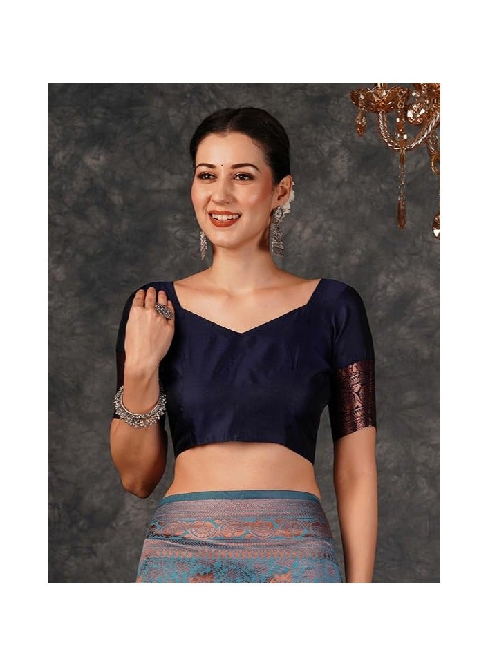 مملكة الإكسسوارات ساري كانجيفارام الناعم من قماش جاكار باناراسي النسائي مع قطعة بلوزة غير مخيطة - Image 3