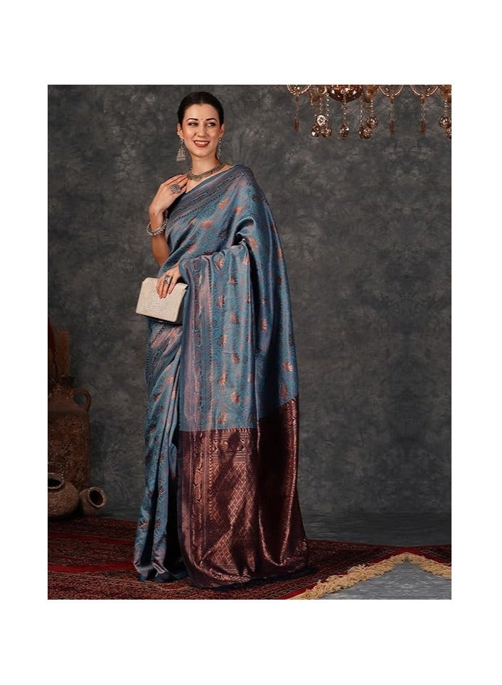 مملكة الإكسسوارات ساري كانجيفارام الناعم من قماش جاكار باناراسي النسائي مع قطعة بلوزة غير مخيطة - Image 5