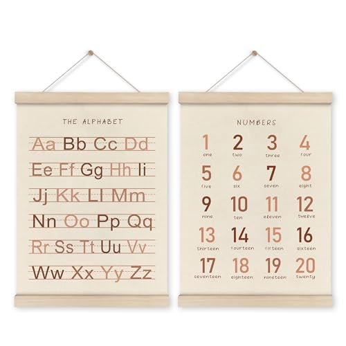 HRQKO Alphabet Numbers Poster Hanger Frame Set of 2, Girls Nursery Wall Decor, ABC Poster Wall Art with Wooden Frames, Burnt Orange Alphabet Banner Wall Hanging Decor for Toddler Playroom,12x16 Inch - Image 1