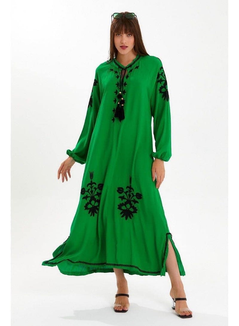 Viscose embroidered long dress, Green 
