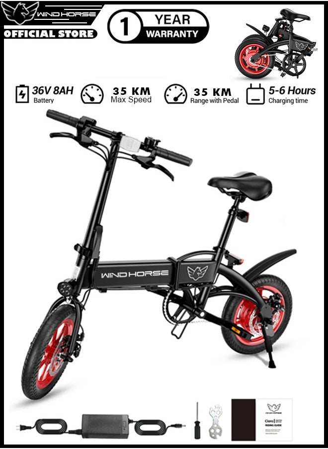 Wind Horse C19 Electric Folding Bike with 350W Brushless Motor, 36V 8AH Battery, Carbon Alloy Frame, 14-Inch Tires, Dual Disk Brake, 35KM Range in Single Charge, Adjustable Seat  - Image 1