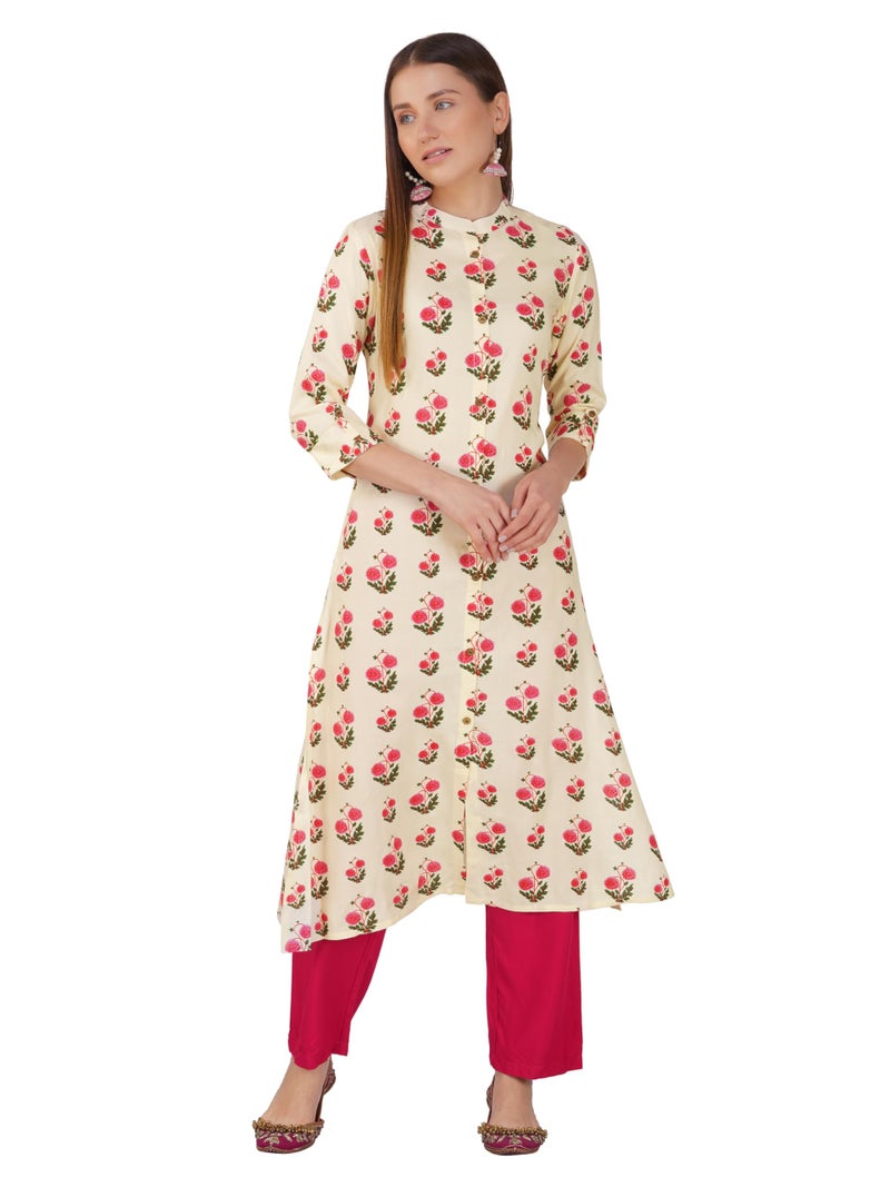rytras Women's Printed A-Line Kurta(RYT541,Beige,S) - Image 1