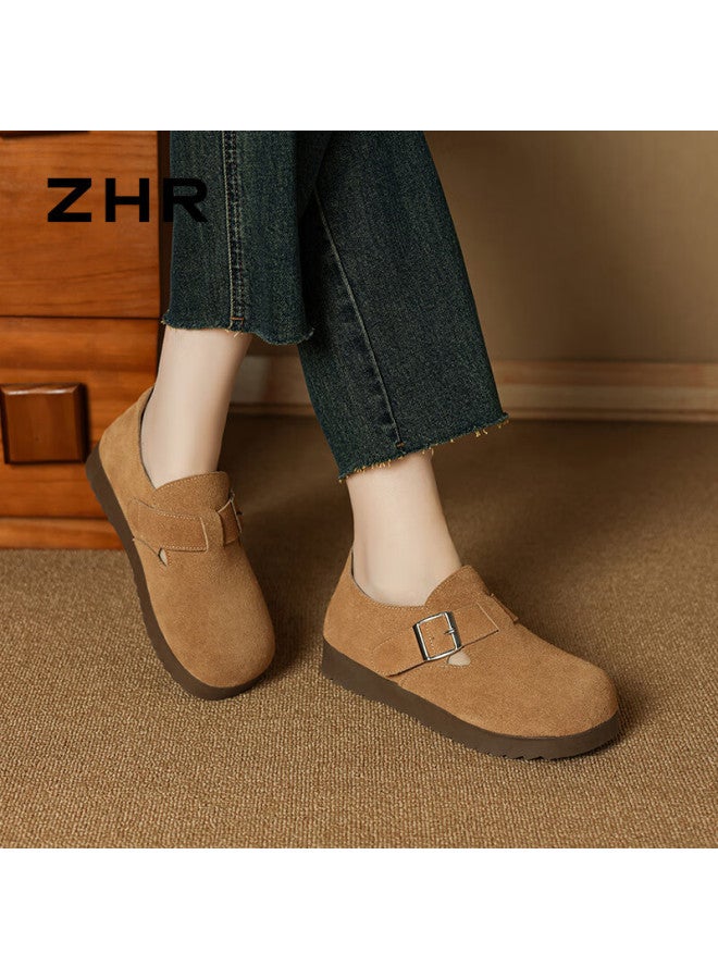 Zhr Buckle Shoes Women's Genuine Leather Commuting Slip-on Casual Loafers Women's Versatile Single Shoes Women Ab55 Camel Color 39 - Image 1