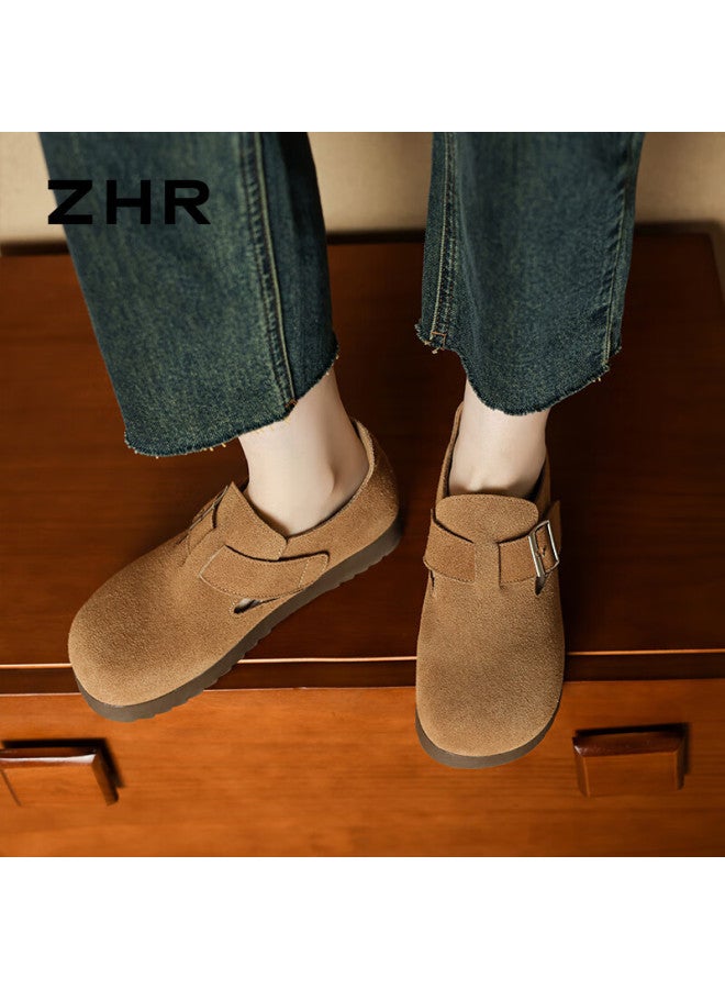Zhr Buckle Shoes Women's Genuine Leather Commuting Slip-on Casual Loafers Women's Versatile Single Shoes Women Ab55 Camel Color 39 - Image 2