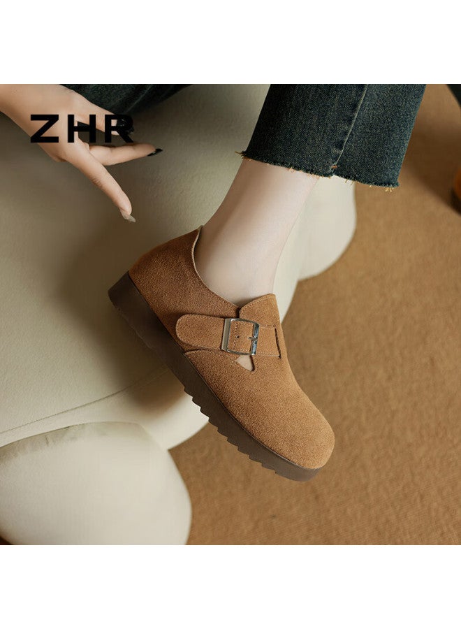 Zhr Buckle Shoes Women's Genuine Leather Commuting Slip-on Casual Loafers Women's Versatile Single Shoes Women Ab55 Camel Color 39 - Image 3