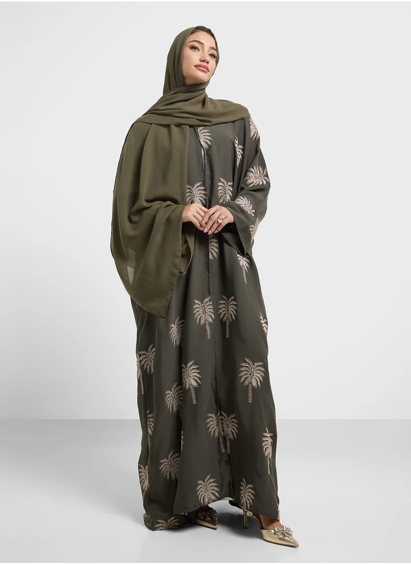 hayas closet Loose-Fitting Design And Floral Embroidery Abaya
