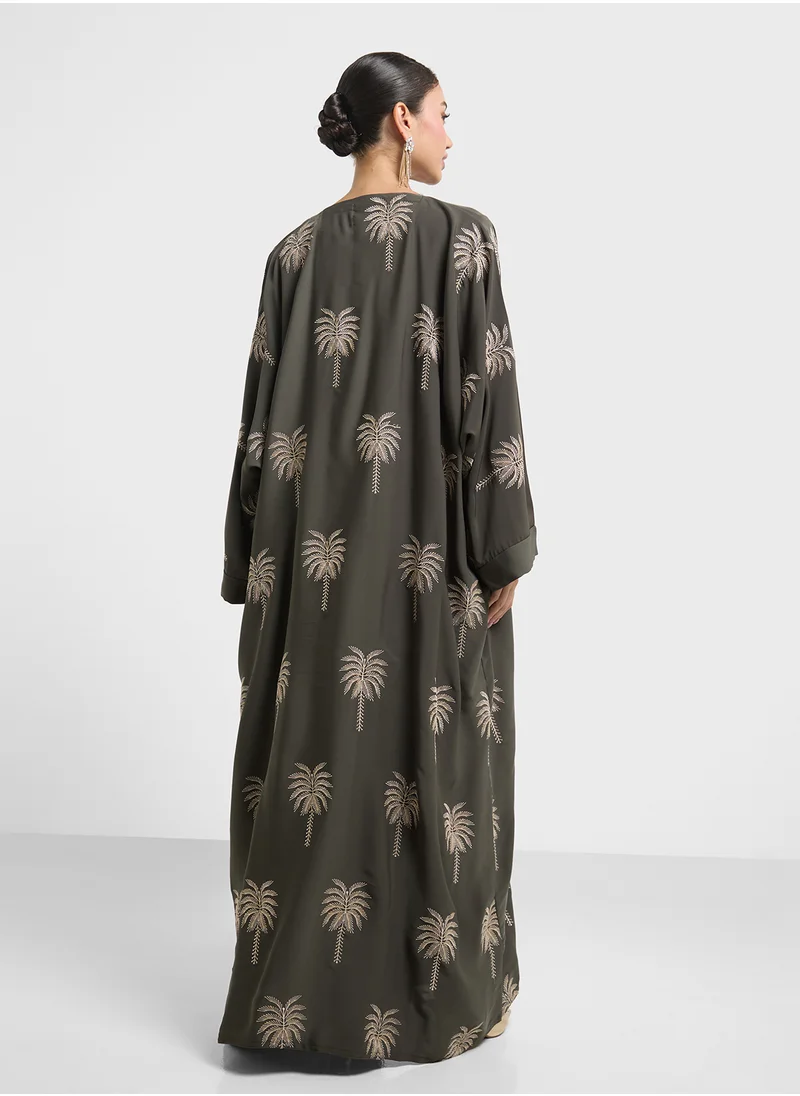 hayas closet Loose-Fitting Design And Floral Embroidery Abaya