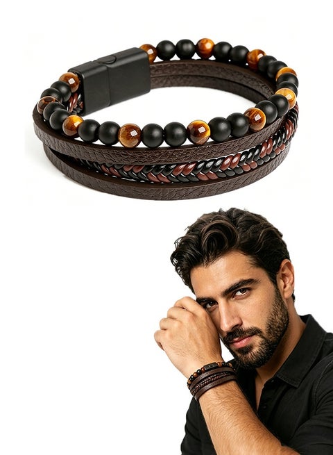 Men's Multi-Layer Leather Bracelet with Alloy Magnetic Clasp - Natural Tiger Eye Stone Beaded Wristband, Braided Faux Leather Wrap Bracelet for Men Boys Daily Accessory & Gift (Coffee Color)